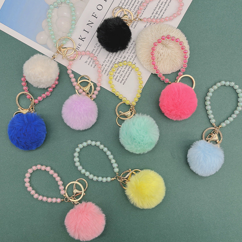 Wholesale Cute Fur Ball Colorful Beaded Lanyard Keychain